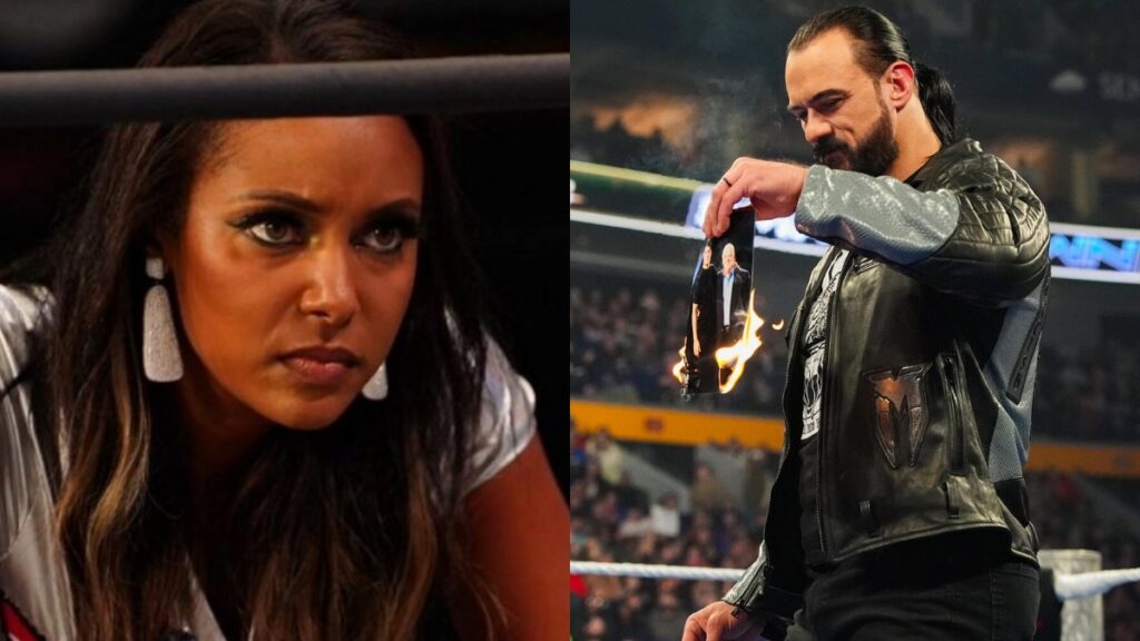 Brandi Rhodes alongside Drew McIntyre burning Dusty Rhodes picture on WWE SmackDown