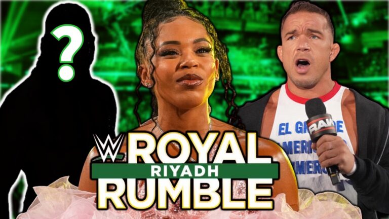 WWE Royal Rumble 2026 logo with Bianca Belair and Chad Gable