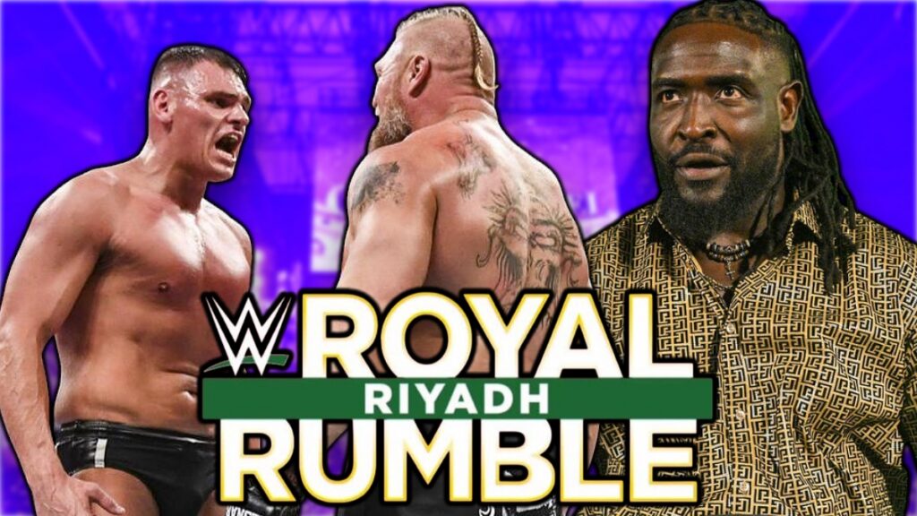 WWE Royal Rumble logo with Oba Femi, Brock Lesnar and GUNTHER