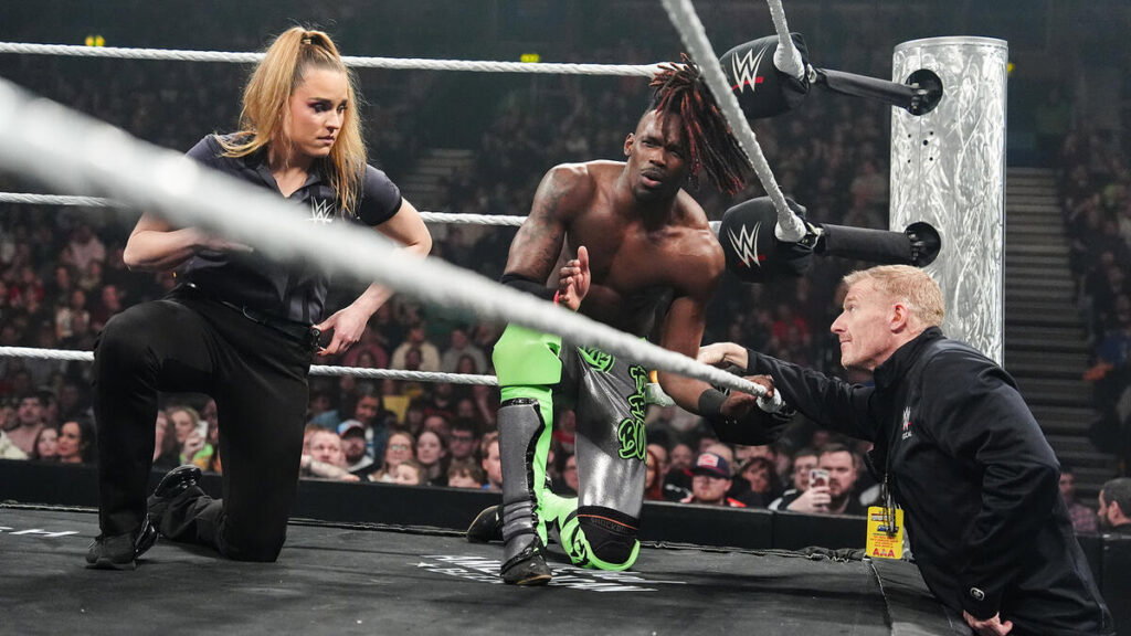 Je'Von Evans being checked out by WWE medical after Raw injury