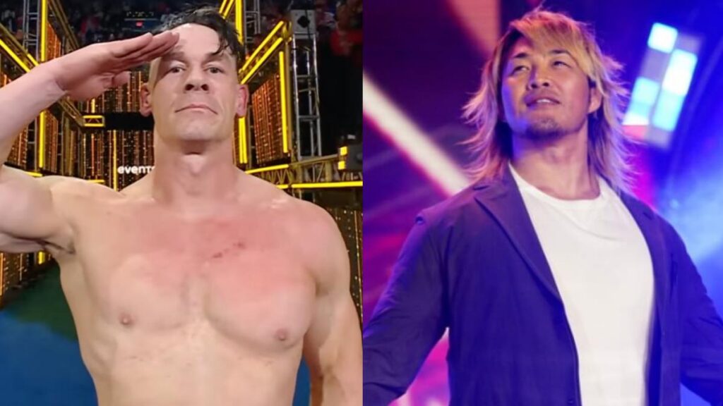 John Cena in WWE next to NJPW's Hiroshi Tanahashi in AEW