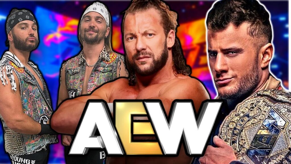 AEW logo with Kenny Omega, Young Bucks and MJF