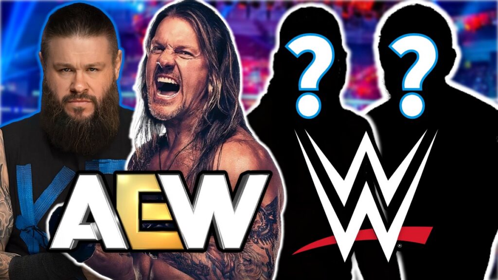 WWE and AEW logos with Kevin Owens and Chris Jericho