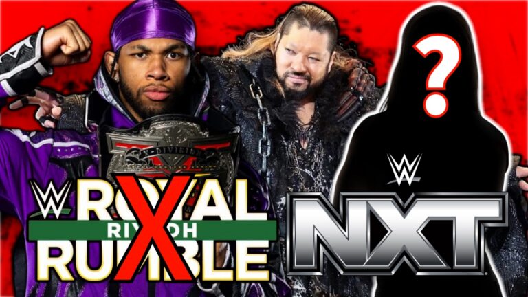 WWE NXT and Royal Rumble logos with EVIL and Leon Slater