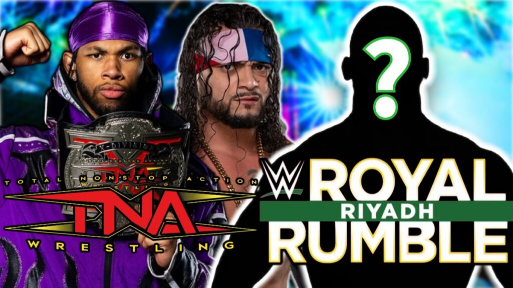 TNA Wrestling logo with Leon Slater, Mike Santana and Royal Rumble