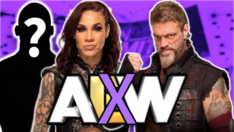 AEW logo next to Mercedes Martinez and Adam Copeland