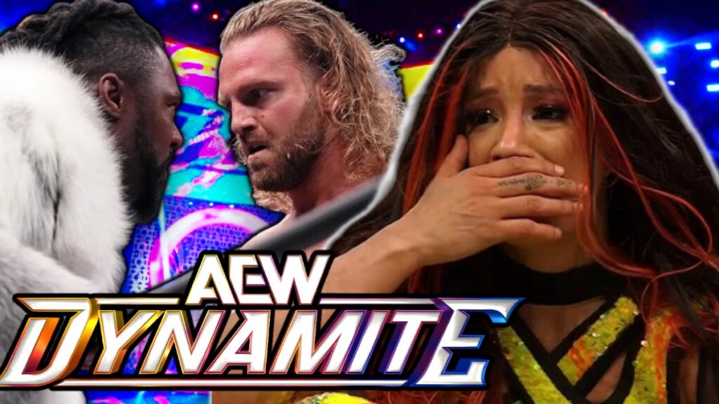 AEW Dynamite logo with Hangman Page, Swerve Strickland and Mercedes Mone