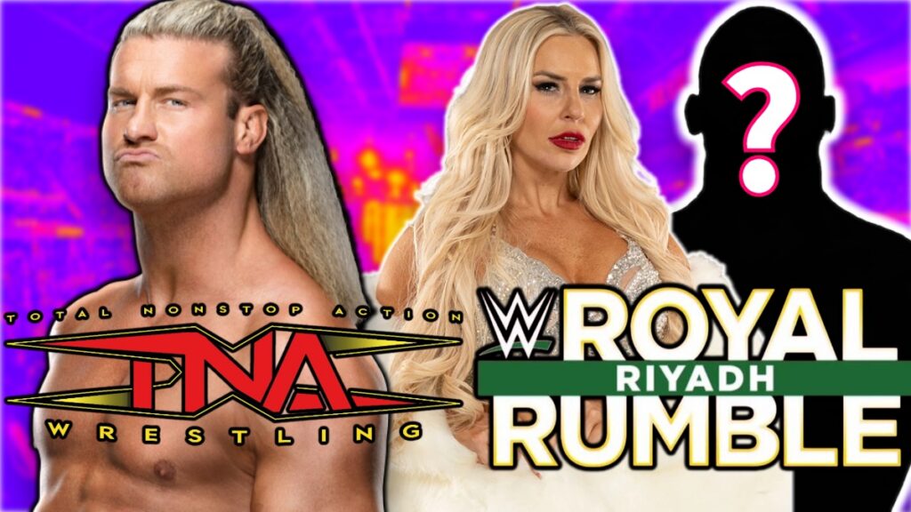 TNA Wrestling's Ash By Elegance and Nic Nemeth along with the WWE Royal Rumble logo