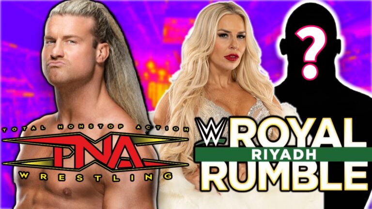 TNA Wrestling's Ash By Elegance and Nic Nemeth along with the WWE Royal Rumble logo