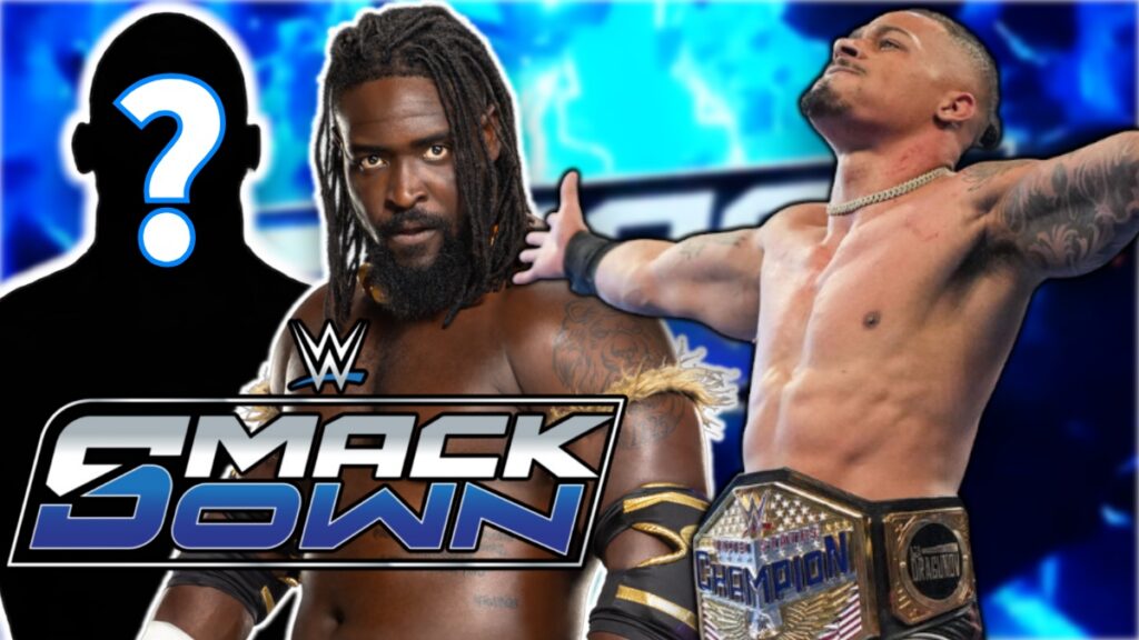 WWE SmackDown logo with Carmelo Hayes and Oba Femi