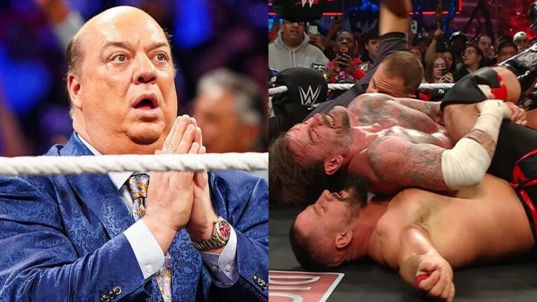 Paul Heyman alongside CM Punk pinning Bron Breakker on WWE Raw