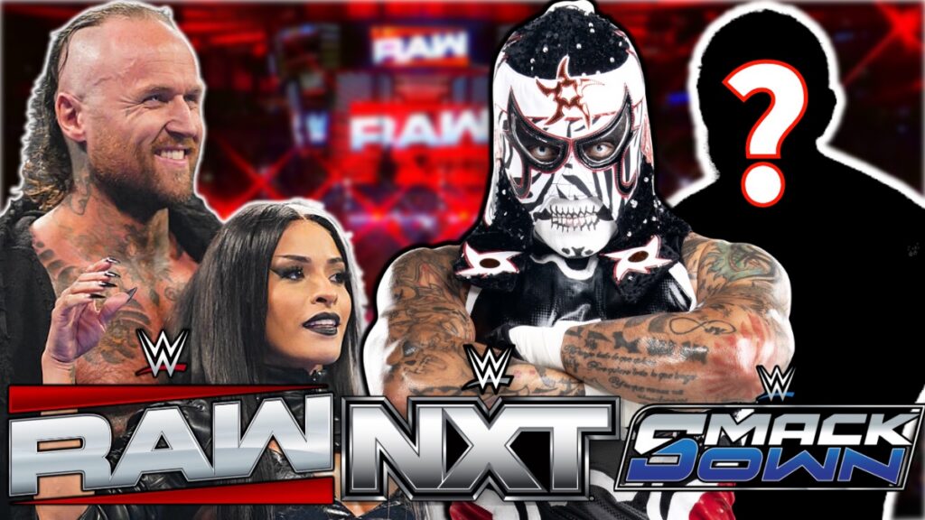WWE Raw, NXT and SmackDown logos with Penta, Aleister Black and Zelina