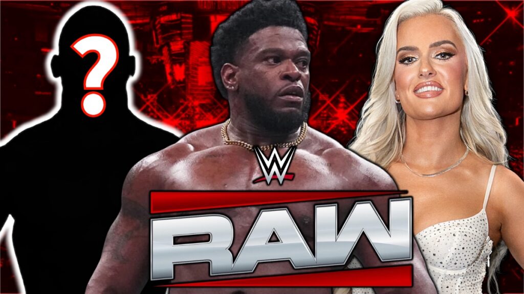 WWE Raw logo with Powerhouse Hobbs and Blake Monroe