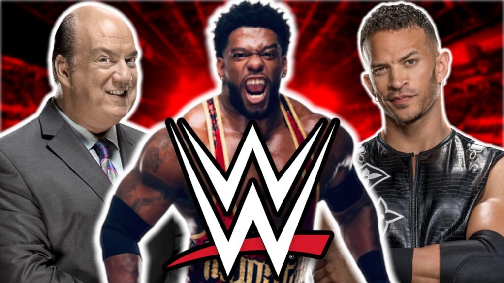 WWE logo with Powerhouse Hobbs, Paul Heyman and Ricky Saints