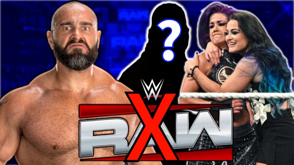 WWE Raw logo crossed out with Rusev, Bayley and Lyra Valkyria