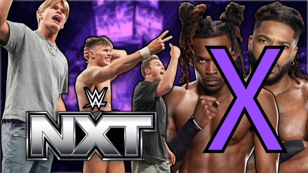 WWE NXT logo with Swipe Right, Jackson Drake, Trick Williams and Je'Von Evans