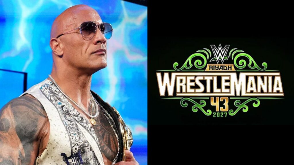 The Rock next to the WWE WrestleMania 43 logo