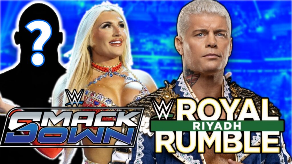 WWE Royal Rumble and SmackDown logos with Cody Rhodes and Tiffany Stratton