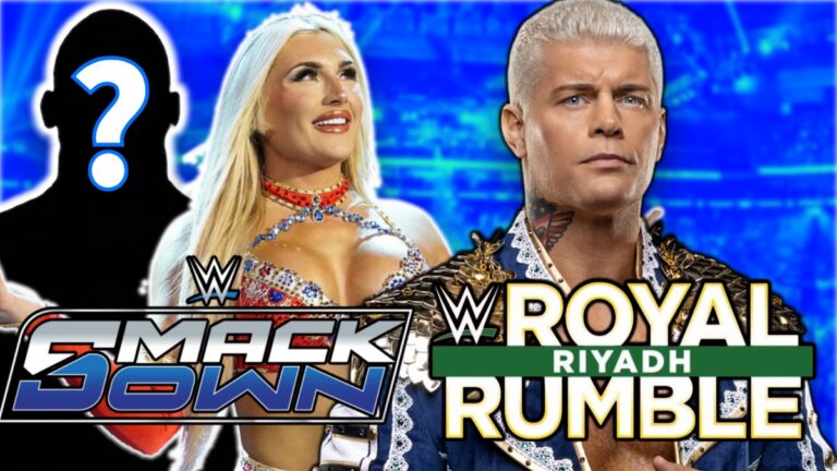 WWE Royal Rumble and SmackDown logos with Cody Rhodes and Tiffany Stratton