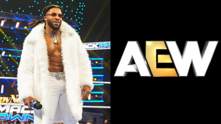 Trick Williams on WWE SmackDown alongside AEW logo