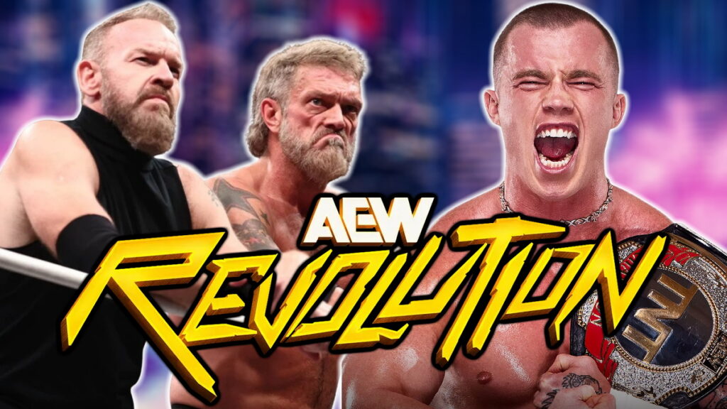 AEW Revolution logo, Adam Copeland, Christian Cage and Kyle Fletcher