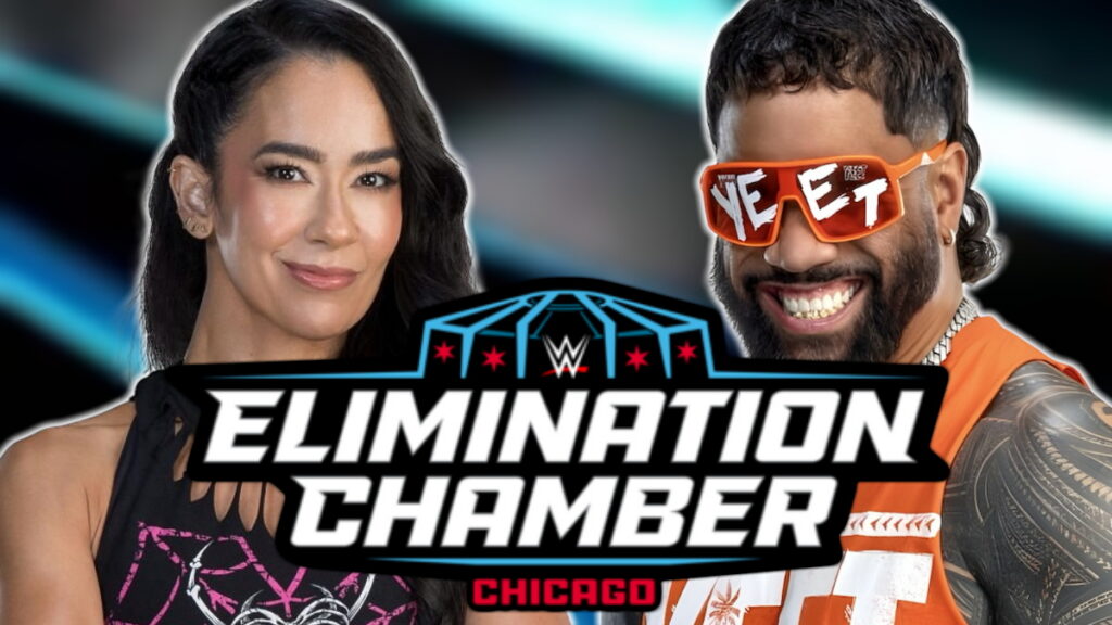 AJ Lee, Jey Uso and the WWE Elimination Chamber logo