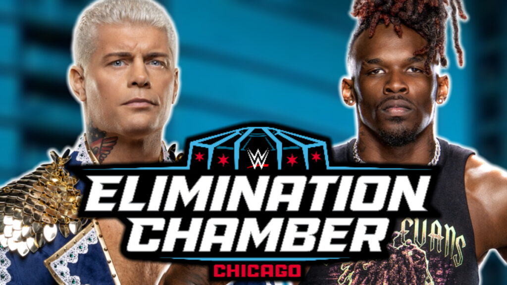 Cody Rhodes and Je'von Evans with the WWE Elimination Chamber logo