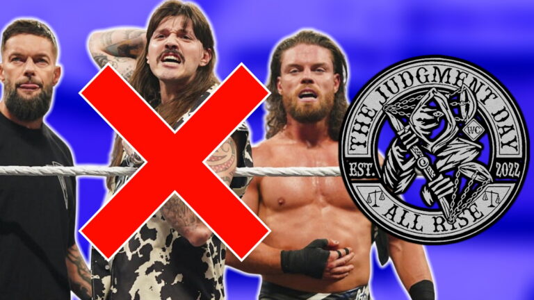 Finn Balor, JD McDonagh and Dominik Mysterio with the WWE Judgment Day logo