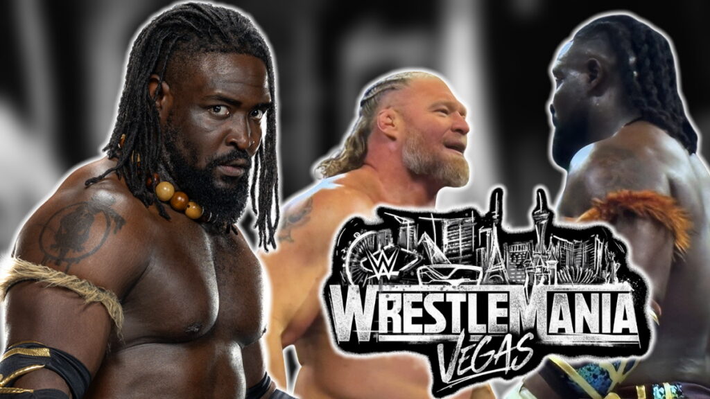 Oba Femi and Brock Lesnar with the WrestleMania 42 logo