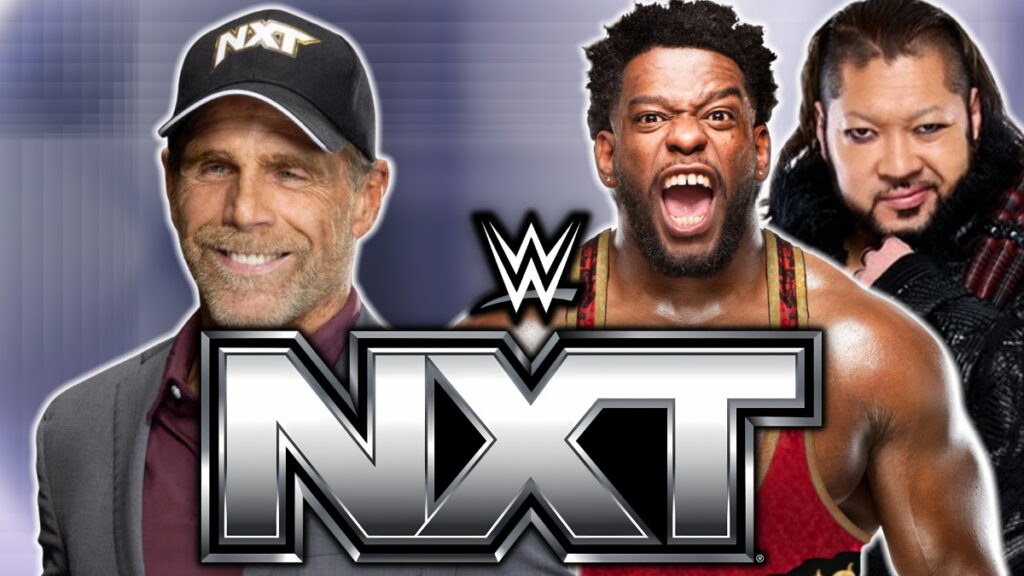Shawn Michaels with the WWE NXT logo, Royce Keys and NJPW's EVIL