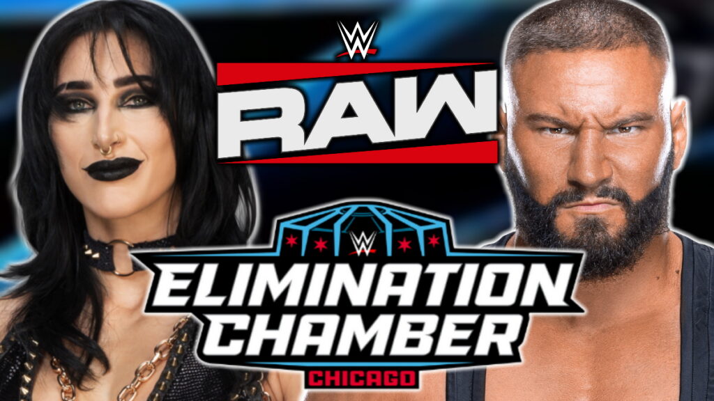 Rhea Ripley and Bron Breakker with the WWE Raw and Elimination Chamber logos