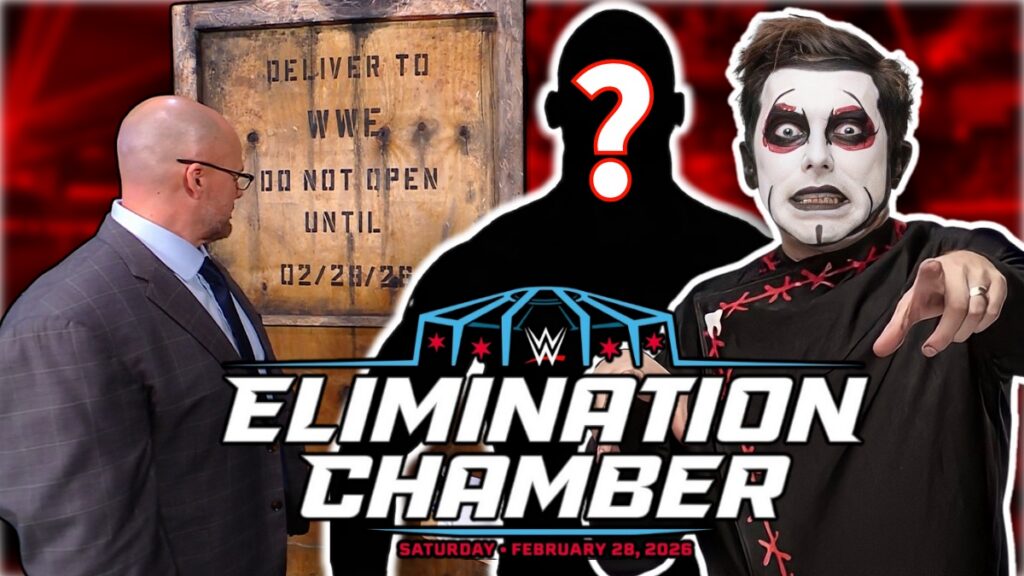 WWE Elimination Chamber 2026 logo with Adam Pearce, the mystery crate and Danhausen