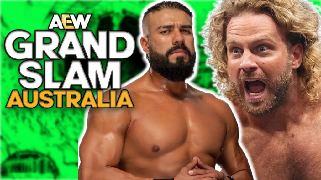 AEW Grand Slam Australia logo with Andrade El Idolo and Hangman Adam Page