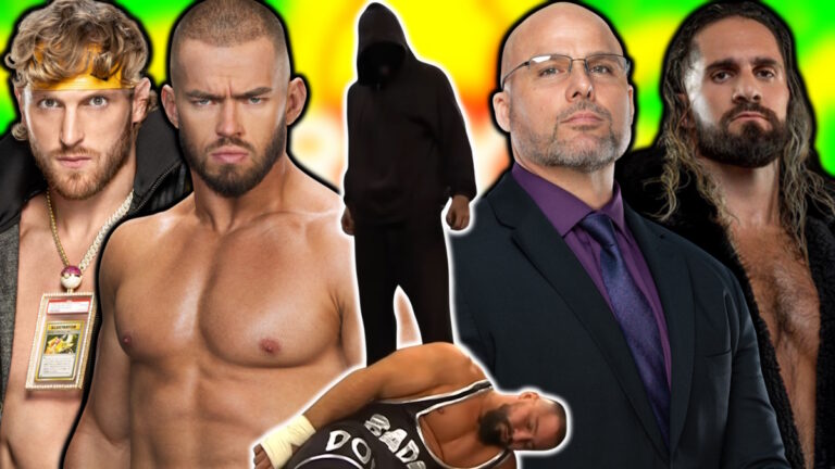 WWE stars Logan Paul, Austin Theory, Adam Pearce and Seth Rollins