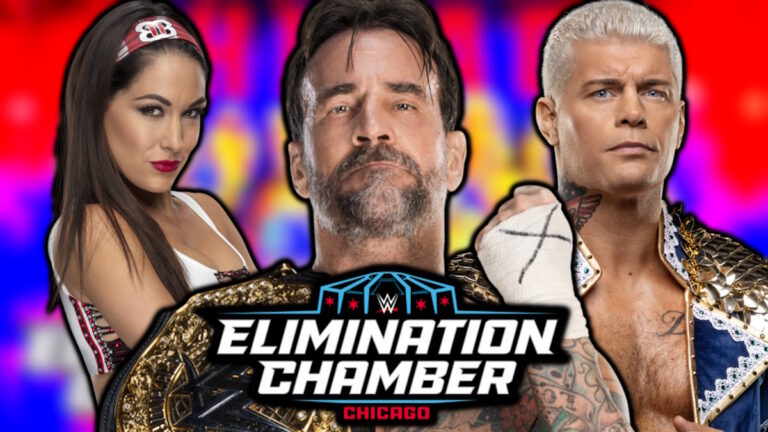 WWE Elimination Chamber logo, CM Punk, Brie Bella and Cody Rhodes