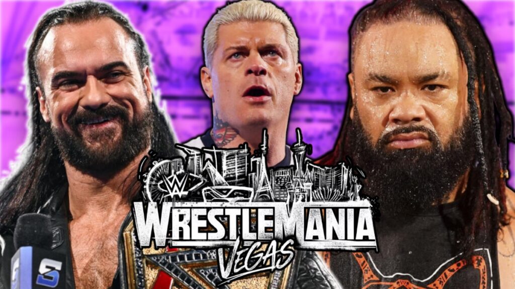 WWE WrestleMania 42 logo with Drew McIntyre, Cody Rhodes and Jacob Fatu