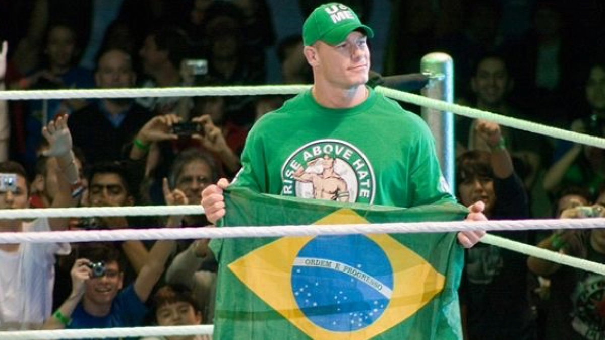 WWE legend John Cena and a Brazil flag