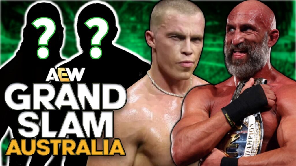 AEW Grand Slam Australia logo with Kyle Fletcher and Tommaso Ciampa