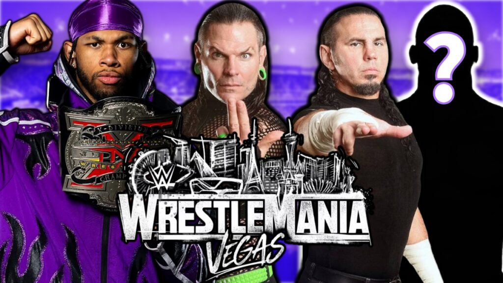 WWE WrestleMania 42 logo with TNA Wrestling's The Hardys and Leon Slater