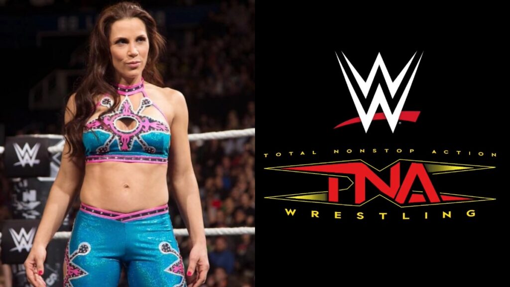 Mickie James with WWE and TNA Wrestling logos