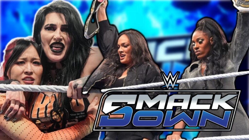 WWE SmackDown logo with Rhea Ripley, IYO SKY, Nia Jax and Lash Legend