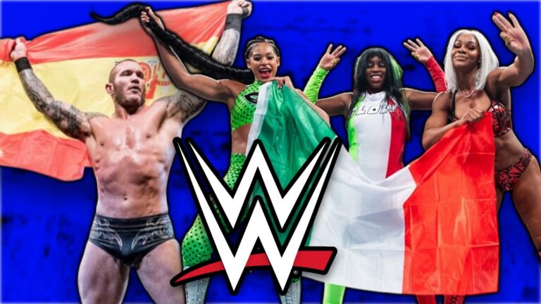 WWE logo with Bianca Belair, Naomi, Jade Cargill and Randy Orton with Spain and Italy flags