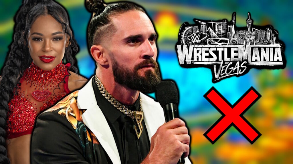 WWE WrestleMania logo, Seth Rollins and Bianca Belair