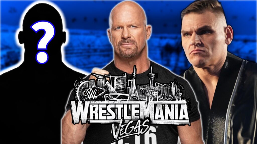 Stone Cold Steve Austin and GUNTHER with WWE WrestleMania 42 logo