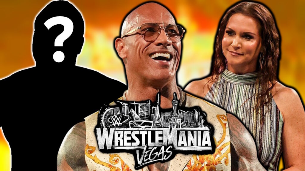 WWE WrestleMania 42 logo next to The Rock and Stephanie McMahon