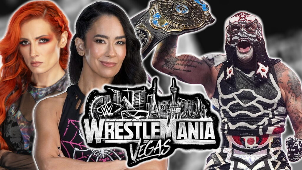 WWE stars Penta, AJ Lee and Becky Lynch with the WrestleMania 42 logo