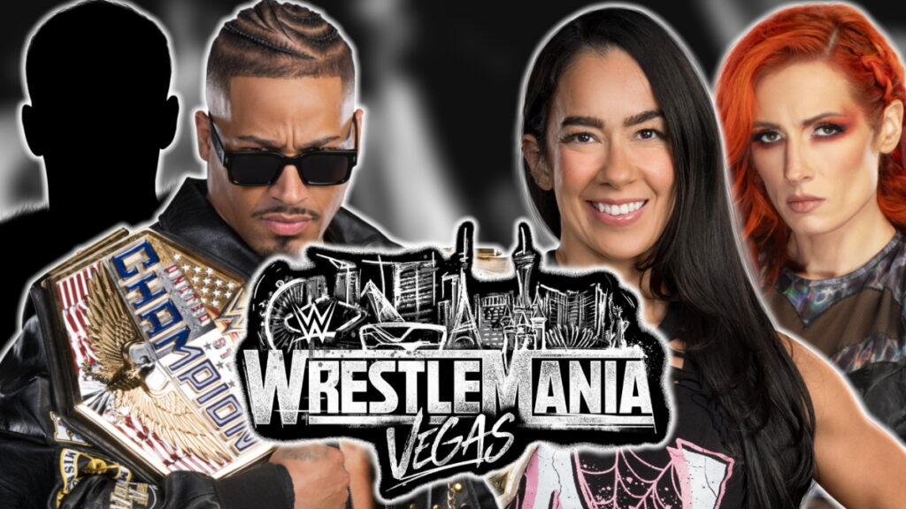 WWE WrestleMania 42 logo with Carmelo Hayes, AJ Lee and Becky Lynch