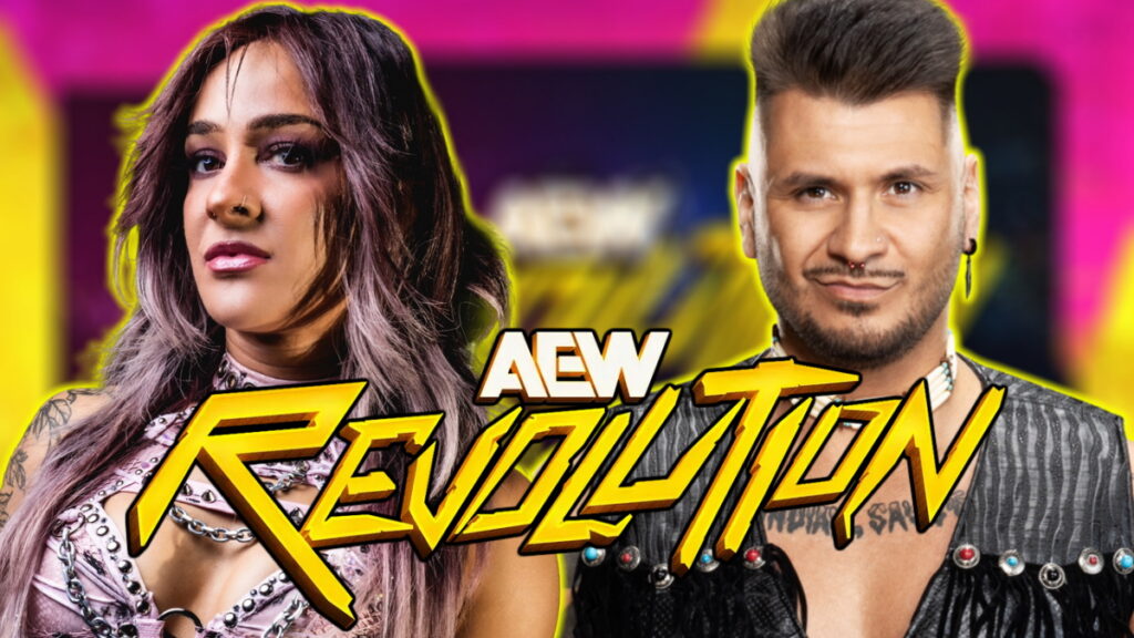 AEW Revolution logo with Charlie (Dakota Kai) and Karl Fredericks (Eddy Thorpe)