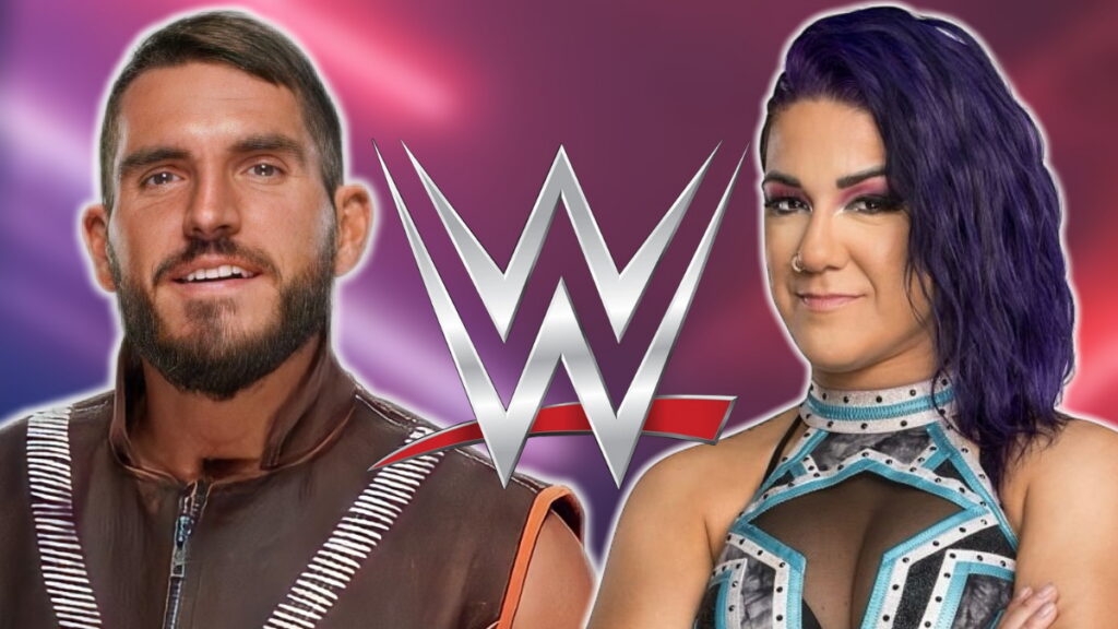 WWE logo with Johnny Gargano and Bayley