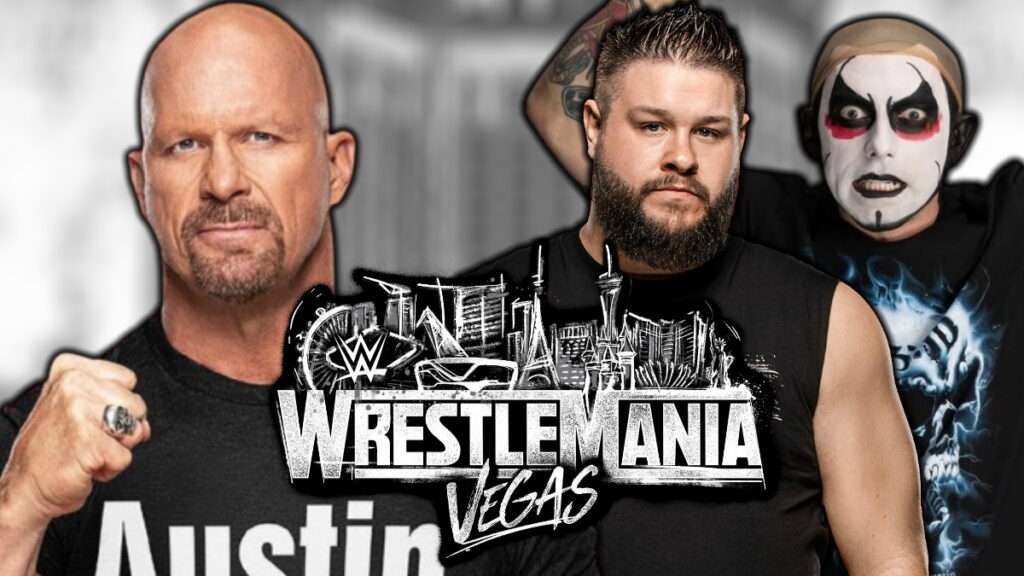 Stone Cold Steve Austin, Kevin Owens and Danhausen with the WrestleMania 42 logo